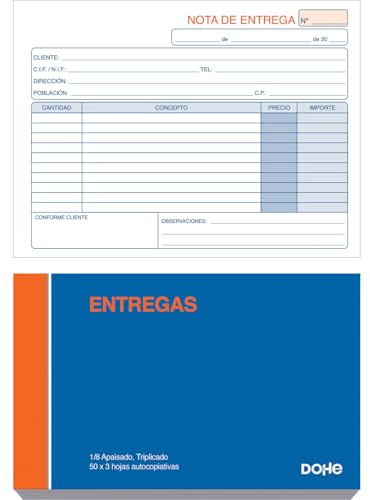 Dohe - Carnet de notes de livraison (10 unités) - 50 feuilles triplées (50 feuilles avec 2 copies), format A6 paysage 15 x 10 cm, blocs en espagnol pour envois de marchandises, fournitures de bureau