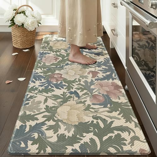 COLOR&GEOMETRY 10mm Vintage Küchenläufer rutschfest, 60x150cm, Blumen Beige | Boho Küchenmatte aus Leder, Wasserfeste & ölbeständige Stehmatte, Küchenteppich Anti-Ermüdungs für Küche