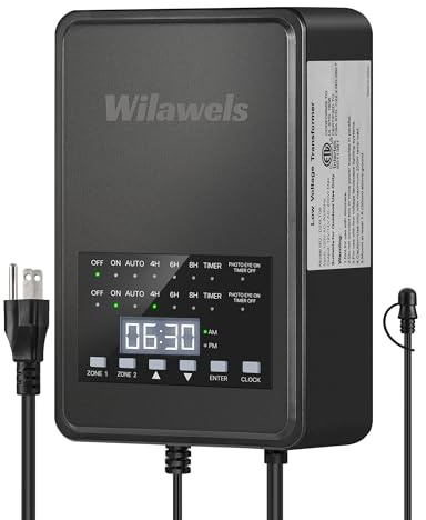 WILAWELS 200W Low Voltage Landscape Transformer, 2 Zone Independent Control 120VAC to 12/14VAC Low Voltage Transformer, Landscape Lighting Transformer with Timer& Photocell Sensor ETL Listed D27LT06N1