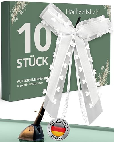 HOCHZEITSHELD Autoschleifen Hochzeit Weiß (10 Stück) – Eleganter Autoschmuck Hochzeit für Brautauto - Hochzeitsdeko Auto für Spiegel, Türgriff & Antenne - Deko Hochzeit für Tisch, Kirche & Standesamt