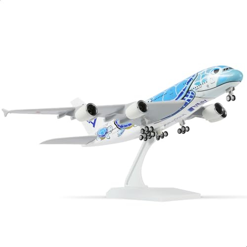 QIYUMOKE 1/300 ANA A380 blå sköldpadda design tryckgjuten flygplan modell A380 modellflygplan (30 cm) med utställningsstativ, kan användas som en flygplanspresent eller samling