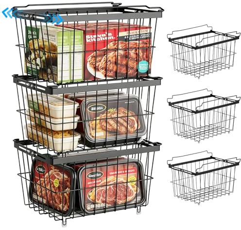 Veyera Chest Freezer Baskets, Chest Freezer Organiser with Handles | 3 Pack Extendable and Stackable Freezer Organiser Storage Baskets,Easy to Get Item,Storage Basket Pantry for Cabinets Pantry