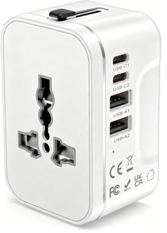 Universal Travel Adapter Worldwide with 2 USB C and 2 USB A Ports, Travel Adapter UK to Europe Dual 8A Fuses All In One International Travel Adapter Portable Charger for EU USA UK AU Japan Asia Plugs