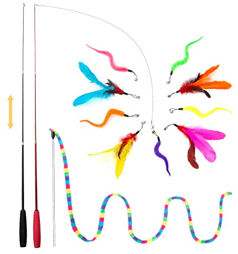 FYNIGO Cat Toys for Indoor Cats Adult Kitten, Interactive Cat Feather Wand Toys for Boredom and Exercise, 3 Teaser Wand with 9 Refills and 2 Spare Hook