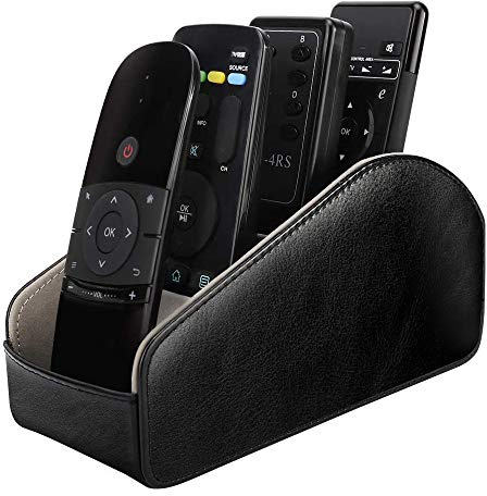 MoKo Fernbedienung Halterung mit 5 Fächern aus PU-Leder, Schwarz | Fernbedienungshalter für TV-Zubehör, Smartphones und Büromaterial, mit weichem Mikrofaserfutter.