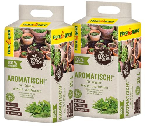 Floragard Bio-Erde Aromatisch 50 L (2×25 L) – torffreie, vegane Kräuter- & Anzuchterde mit lockerer, feiner Struktur für Aussaat, Kräuter & Jungpflanzen – fördert Gute Keimung & gesundes Wachstum