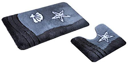 S&S-Shop Badematte Set | Grau | Sealife | mit Ausschnitt | 2 teilig | rutschfest | WC-Vorleger 50 x 45 cm | Badvorleger 50 x 90 cm | Badteppich | Teppich | Bad | Badezimmer