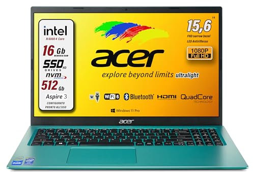 Acer Notebook Intel 4 Core N6000, RAM 16 Gb Ddr4, SSD pci da 512 Gb, Display FULLHD da 15,6, web cam, 3 usb, hdmi, bt, lan,wi-fi, Win11 Pro, pronto all'uso e preconfigurato Gar. Italia