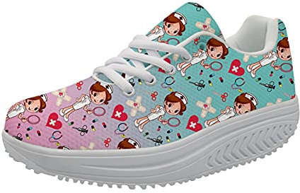 Showudesigns Calzado Running Mujer Enfermera Zapatillas de Deporte Casual Sneakers para Caminar Plataforma Zapatillas con Cordones Shake Toning Rocker EU 41 Arco Iris Colorido Rosa y Aqua