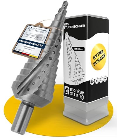 Stufenbohrer [Ø 4-30 mm | extra scharf] aus HSS Stahl | Kegelbohrer mit 14 Stufen | Schälbohrer für Baustahl, NE Metall, Holz und Kunststoff | Metallbohrer - von monkeystrong