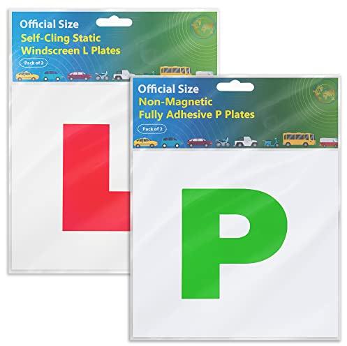 The Wise Traveller 2 Pack Red L Plate & Green P Plate – Super Thin Self Cling Stick on Plates for Car UK, Self Adhesive Plates for the Front and Rear of Vehicle - Gifts for Learners & New Drivers