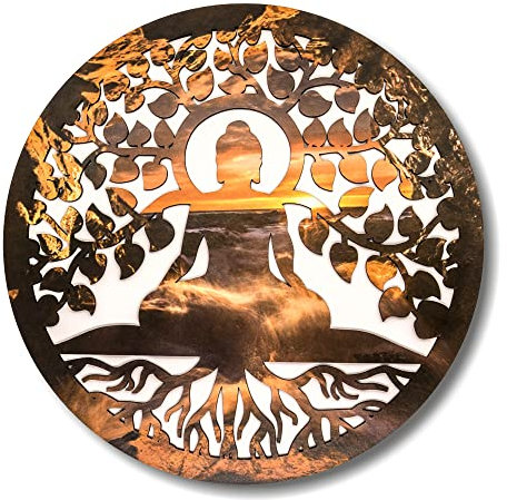 VEJO Decoración Pared/Cuadro Buda con Árbol de la Vida/Cuadro Tallado Madera Decorativo Madera Regalos/Decoración Salón, Habitación