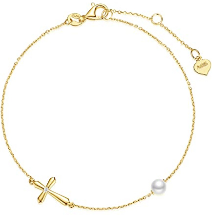FANCIME Armband für Damen mit Kreuz Anhänger aus 14 Karat 585 Gelb Gold Charm Perlen Armkette Schmuck Geschenk für Mädchen Kinder, Armbandlänge 17+3 cm