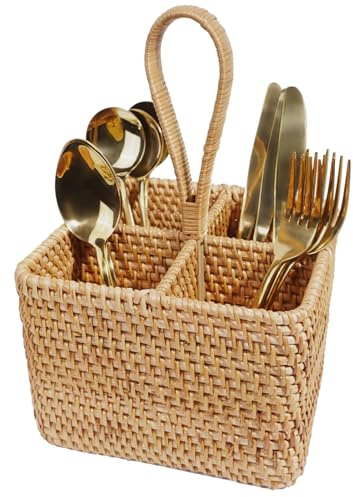Organizador de utensilios de mimbre natural con asas integradas, organizador de cubiertos de mimbre con 4 compartimentos, soporte para cubiertos y cucharas, organizador de condimentos (7.1 x 5.1