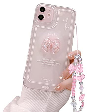Ownest Kompatibel mit iPhone 12 Mini Hülle Cute 3D Rosa Schleife Transparent Aesthetic Süßes Design Handyhülle Frauen Mädchen Teen Girls Kamera Objektiv Schutzhülle + Glitter Bow Crystal Kette