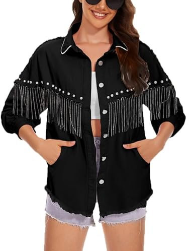 babao Damen-Jeansjacke mit Fransen, Jeansjacke mit Nieten und Quasten, ungesäumter Saum, Boyfriend-Jeansjacken