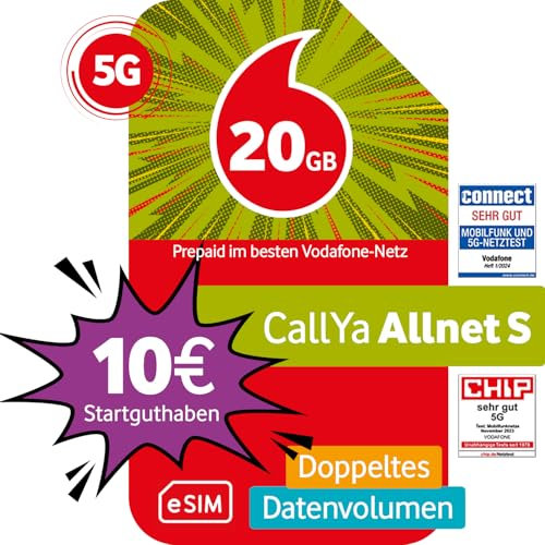 Vodafone Prepaid CallYa S eSIM | 15 GB | 10 EUR Startguthaben | ohne Vertrag | 5G-Netz | Telefon- SMS-Flat | EU-Roaming