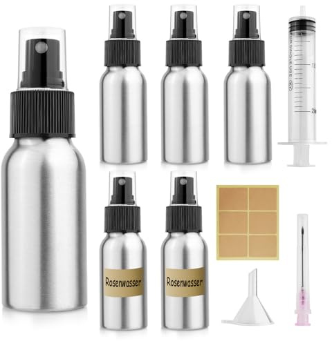Furuising 5 Stück 50ml Aluminium Sprühflasche Klein, Sprayflasche Leer, Mini Zerstäuber Sprühflasche,Tragbares Pumpzerstäuber mit 20ml Spritze, Trichter, Aufkleber für Kosmetik,Flüssigkeit