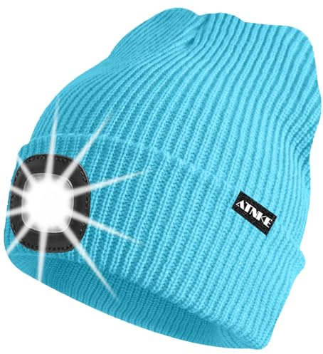 ATNKE Unisex LED Mütze mit Licht,Wiederaufladbare USB 4 LED Beleuchtete Laufmütze Extrem Heller Lampe Winter Warme Stricken Mütze für Herren und Damen Geschenke/Light Blue