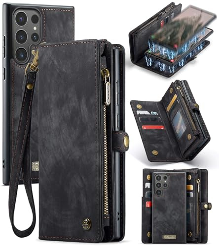 UFinetech für Samsung S24 Ultra Hülle, Stoßfest Kartenfach Magnetisch Abnehmbare Tasche Galaxy S24 Ultra 5G Handyhülle, Flip Reißverschluss Lanyard Leder TPU Klapphülle Kratzfest Schutzhülle, Schwarz