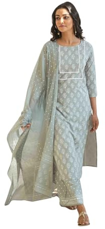 Aashita Creations - Conjunto kurta para mujer | Conjunto de pantalón Kurta para mujer con Dupatta_314, gris, L