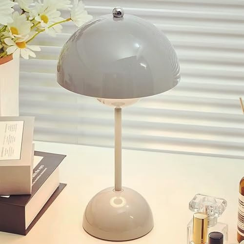 TRIXES Rechargeable Grey Mushroom Table Lamp - Cordless Dimmable LED | 3 Adjustable Light Colours with Touch Control - Portable Cordless LED Lamp for Bedroom, Living Room & Office