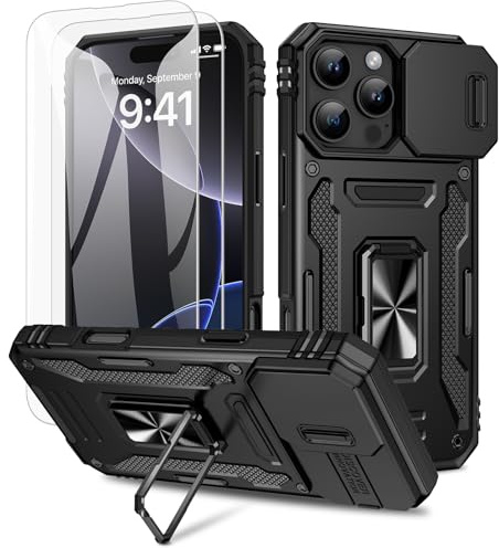 Doeshine for iPhone 16 Pro Max Case, 2 Pack Screen Protector, Black | with 360°Rotate Ring Kickstand & Slide Camera Cover, Shockproof Military Drop Protection Case for iPhone 16 Pro Max