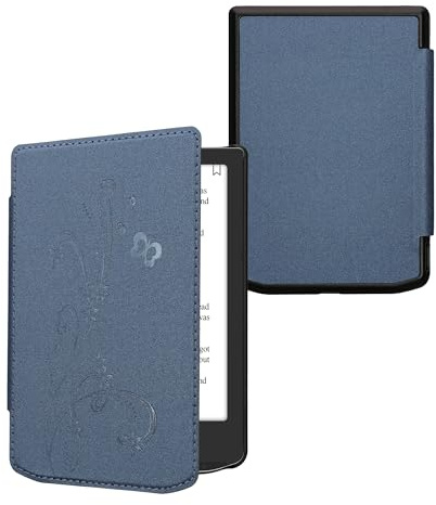kwmobile Schutzhülle für Pocketbook Verse/Verse Lite/Verse Pro/Color/Vivlio Light/Light HD Hülle - eReader Flip Case mit Auto Sleep Funktion - Ranken Schmetterling mit Dunkelblau