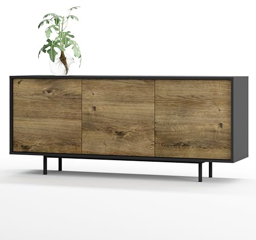 SIMPLYFURN Sideboard Akia Kommode, Anthrazit/Eiche Ribbeck, 154x40x66 cm | Metallfüße, Push-to-Open, Lowboard für Wohnzimmer oder Flur, verstellbare Einlegeböden