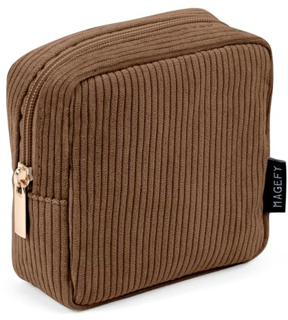 Makeup Bag MAGEFY Small Cosmetic Bag for Purse Corduroy Makeup Pouch with Compartments for Women Brown