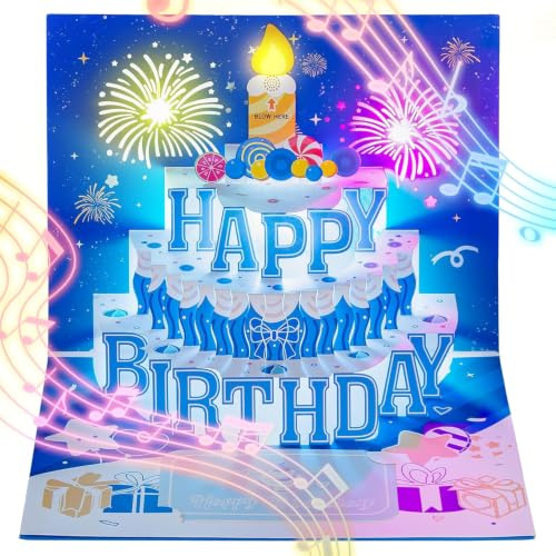 Woukksy Geburtstagskarte mit Musik und Licht Pop Up Happy Birthday Karte Geburtstag, 3D Blowable Kerzen Geburtstagskarten Set mit Umschlag Geschenke für Frau, Mann, Beste Freundin, Kinder