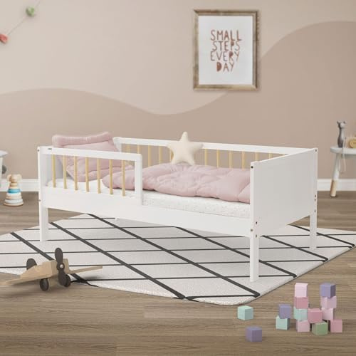 ML-Design Barnsäng 70 x 140 cm, vit, natur, enkelsäng för barn med ribbotten och skydd, ungdomssäng, av furu, träsäng, sängram för pojkar och flickor, massivt trä, babysäng, småbarnssäng