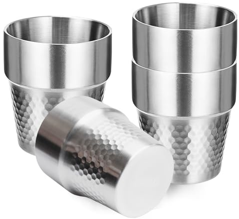 LEKEFETO Lot de 4 gobelets en acier inoxydable argenté : gobelets en acier inoxydable de 300 ml, gobelets de camping à double paroi, verres à liqueur, chopes à bière, tasses en acier inoxydable