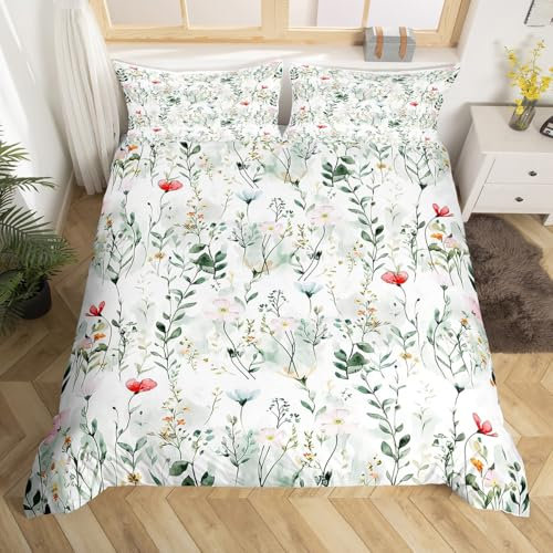 Loussiesd Red Blue Floral Duvet Cover King Size Kids Botanical Flower Bed Set for Boys Girls Teens Blossom Flowers Bedding Set Garden Plants Bedspread Cover Natural Theme