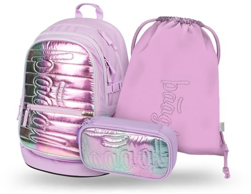 Baagl Schulrucksack Set Jungen Mädchen 3 Teilig Grundschule - Levander | Ergonomischer Schulranzen, Schultasche für Grundschule Volksschule, CORE Ranzen mit Brustgurt, Ranzen für Grundschule.