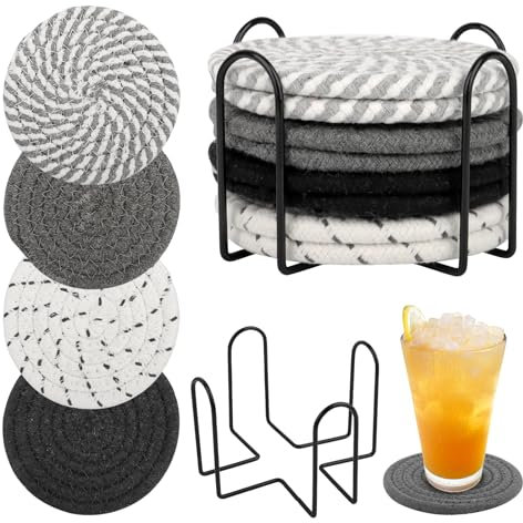 8 Pièces Dessous de Verre Ronds avec Support, sous Tasse de 10 cm de Diamètre et 7 mm, Glass Coaster Absorbants, Réutilisables Dessous de Table pour Café, Bar, Cuisine, Restaurant, Bureau
