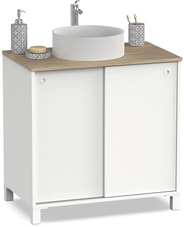 Miroytengo Mueble de Baño Sella 81cm Blanco y Roble Cambrian, 2 Puertas Correderas Sin Lavabo