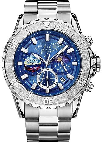 FEICE FK131 Uhren Herren Quarzuhr Multi Zifferblatt 24 Stunden Kalender Business Uhr Freizeituhr Modische Herrenuhren Einzigartig Blau