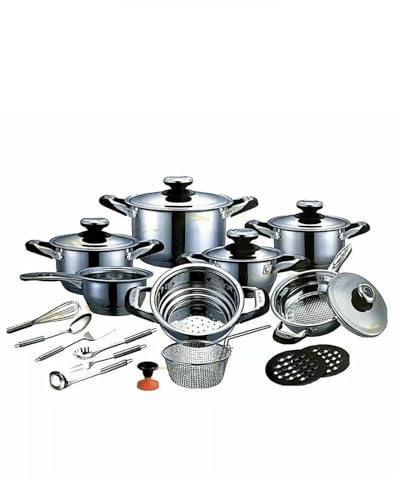 AMC Premium - Batería de cocina de 25 piezas de acero inoxidable con base de cápsula de 7 capas, botón térmico, apta para inducción, cacerola y vapor, edición limitada