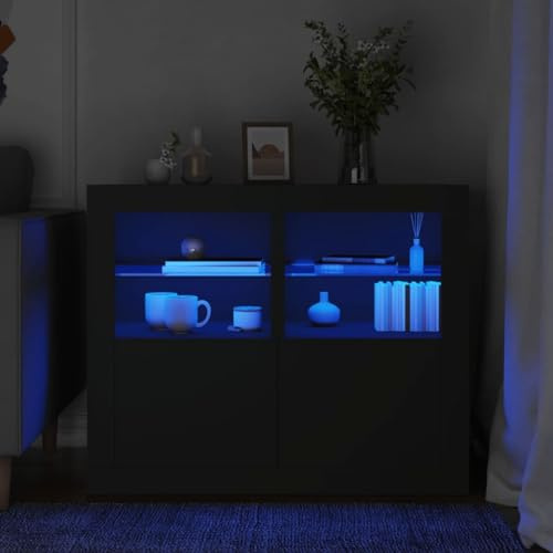 Frdhee Armoire ménager à porte battante, armoire d'appoint avec lumières LED 2 pièces, matériau du bois noir, armoire polyvalente pour bureau, couloir, cuisine, buanderie, facile à monter