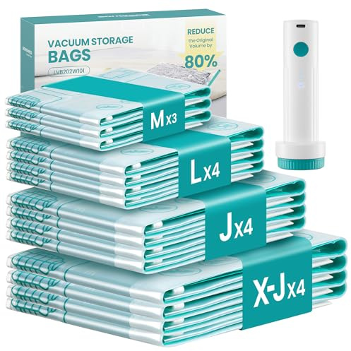 SONGMICS Vakuumbeutel für Kleidung, 15 Beutel, elektrische Pumpe | Aufbewahrungsbeutel Bettwäsche, 3 M/4 L/4 J/4 X-J, Reise, wiederverwendbar, transparent, ISLAND Kollektion LVB204W101