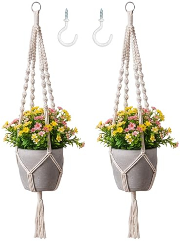 FveVqe 2PCS Macrame Plant Hanger with 2PCS Hooks, Hanging Plant Pot, Indoor Hanging Plant Holder for Plants, Hanging Basket Indoor Decor(White)