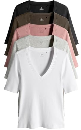 THE SET Mujeres Pack de 5 Camisetas acanaladas de Manga Corta con Cuello de Pico Multi S