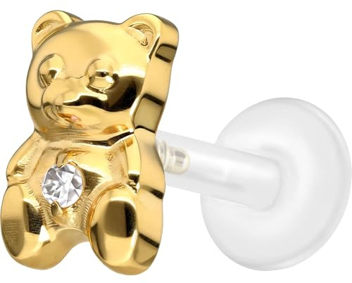 PIERCINGLINE Piercing Stecker PTFE Labret mit Innengewinde + Titan-Aufsatz TEDDYBÄR - Roségoldfarben, Transparent, Schwarz, Goldfarben, Silberfarben