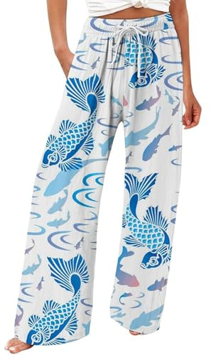 2026 Pantalon pour femme taille haute en lin Palazzo Pantalon japonais avec poches Motif poisson