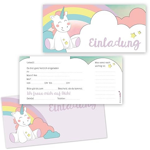 #detailverliebt 15 Einhorn-Motiv Einladungskarten mit Umschlag I dv201 I DIN lang I Einladung Set zum Ausfüllen für Mädchen I Kinder-Geburtstag Einschulung