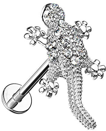 Piersando Barbell Piercing 316L Chirurgenstahl mit Kristall Eidechse für Lippe Labret Ohr Tragus Helix Ohrpiercing Lippenpiercing Silber 8mm