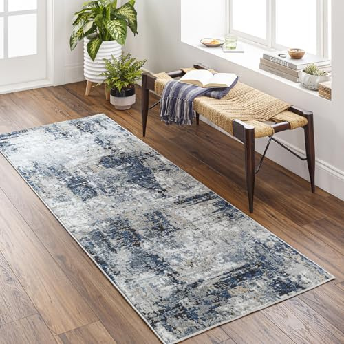 Livabliss Paris Moderne Abstrait - Salon, Salle à Manger, Chambre Adulte et Ado, Cuisine - Design Marbre Moucheté Multicolore, Poil Ras Doux 80x220 cm - Bleu, Gris, Beige