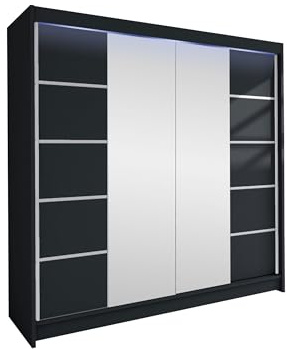 Mirjan24 Kleiderschrank Talin V, Schiebetürenschrank, Garderobenschrank mit Kleiderstange und Einlegeboden, Dielenschrank (Schwarz/Schwarz + Spiegel, mit RGB LED Beleuchtung)