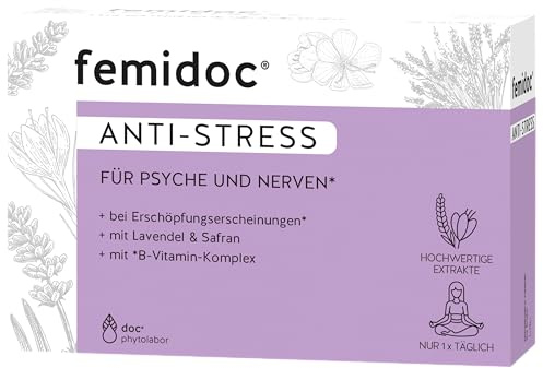 femidoc ANTI-STRESS Kapseln, 30 Stück, mit Safran, Lavendel und B-Vitaminen, Nahrungsergänzungsmittel für Psyche und Nerven, vegan